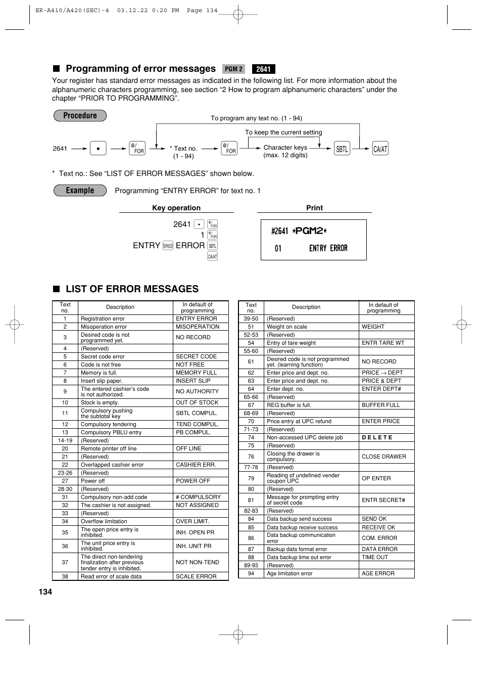 Programming of error messages, List of error messages, Entry | Error, Example procedure | Sony ER-A420 User Manual | Page 136 / 190