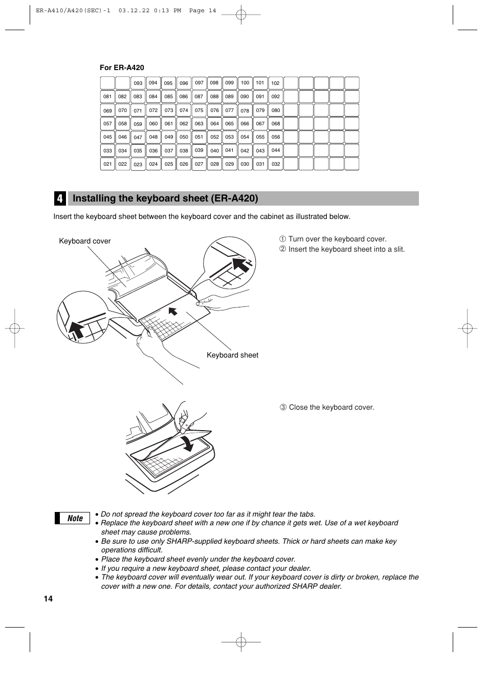 Installing the keyboard sheet (er-a420), For er-a420 keyboard sheet keyboard cover, Turn over the keyboard cover | Insert the keyboard sheet into a slit, Close the keyboard cover | Sony ER-A420 User Manual | Page 16 / 190