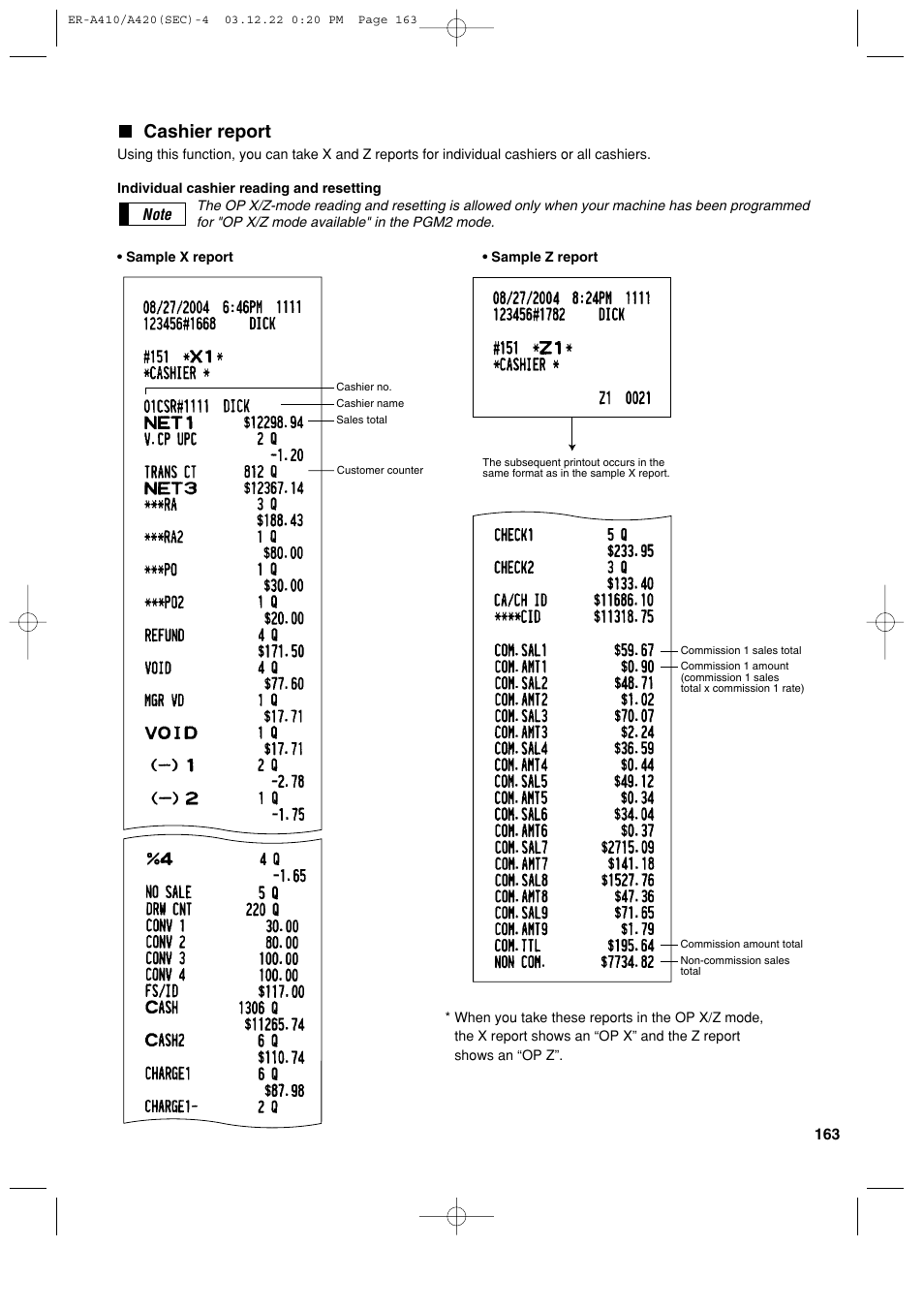 Cashier report | Sony ER-A420 User Manual | Page 165 / 190