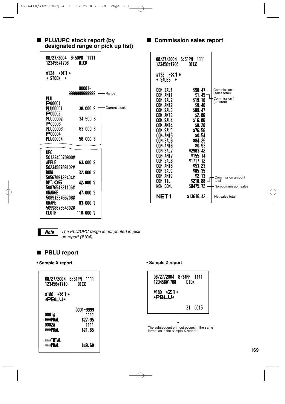 Pblu report, Commission sales report | Sony ER-A420 User Manual | Page 171 / 190