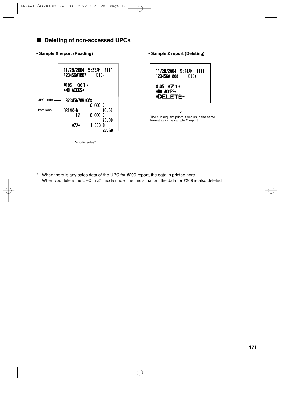 Deleting of non-accessed upcs | Sony ER-A420 User Manual | Page 173 / 190