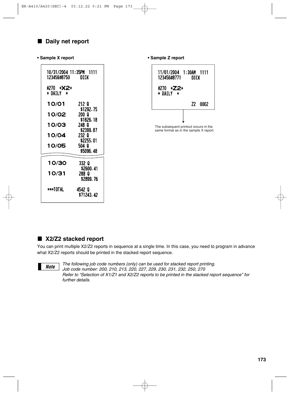 Daily net report, X2/z2 stacked report | Sony ER-A420 User Manual | Page 175 / 190