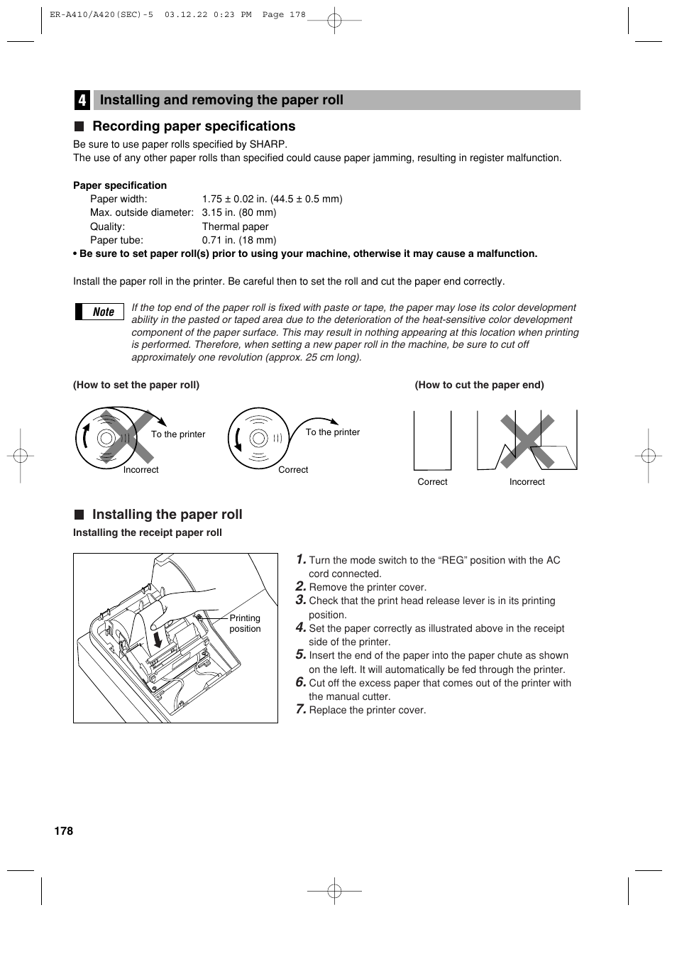 Recording paper specifications, Installing the paper roll, Installing and removing the paper roll | Sony ER-A420 User Manual | Page 180 / 190