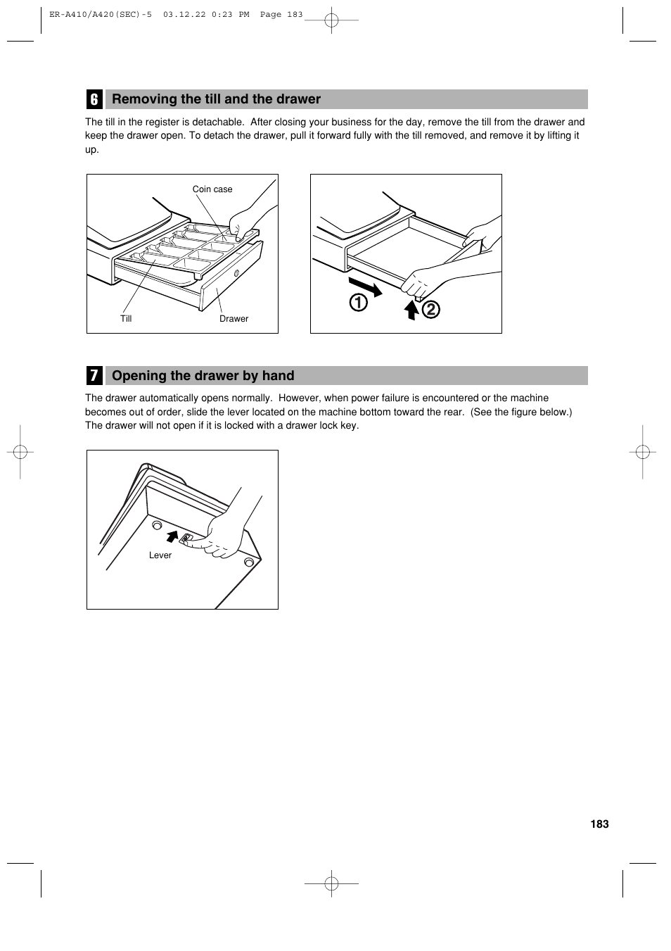 Opening the drawer by hand, Removing the till and the drawer | Sony ER-A420 User Manual | Page 185 / 190