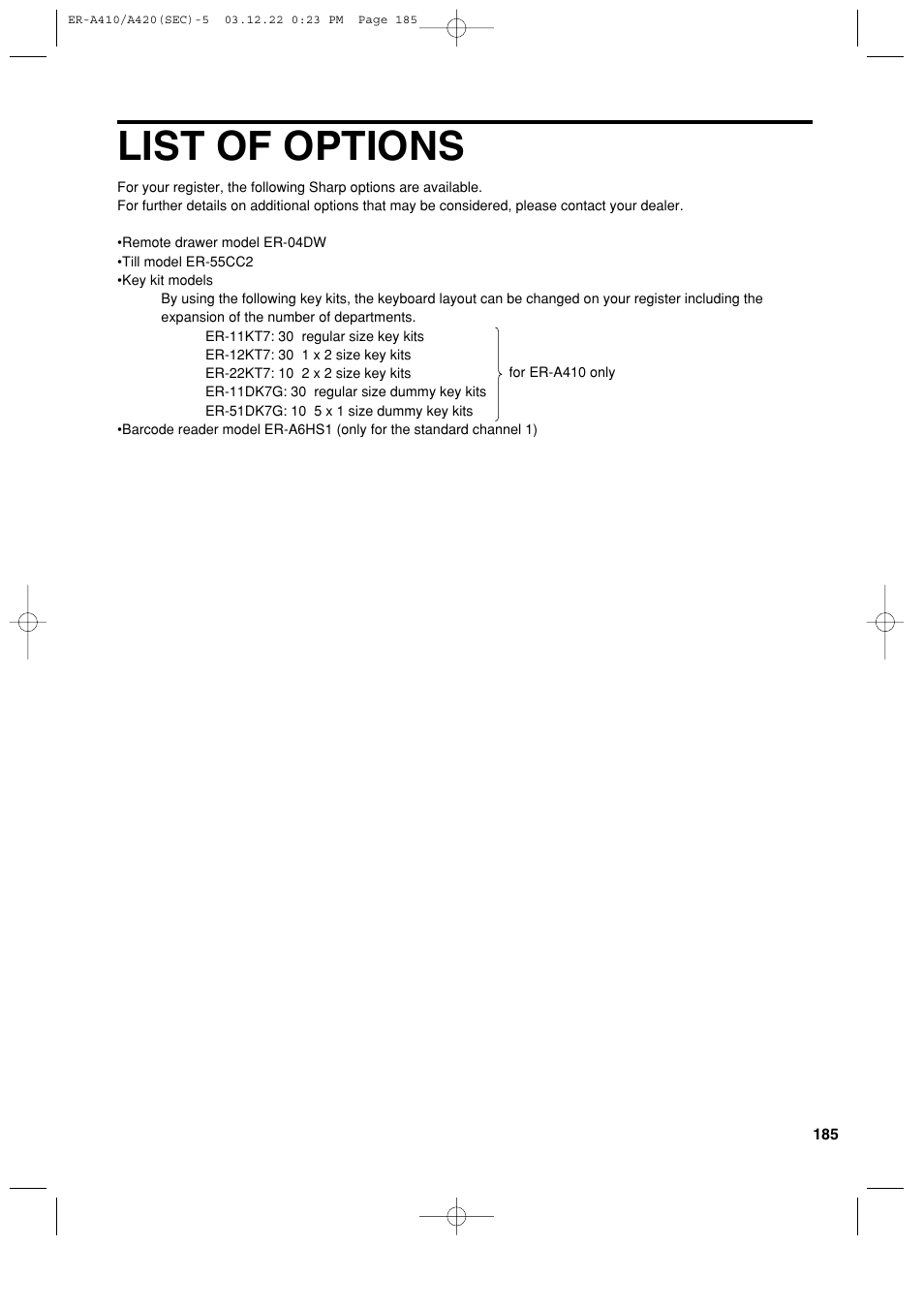 List of options | Sony ER-A420 User Manual | Page 187 / 190