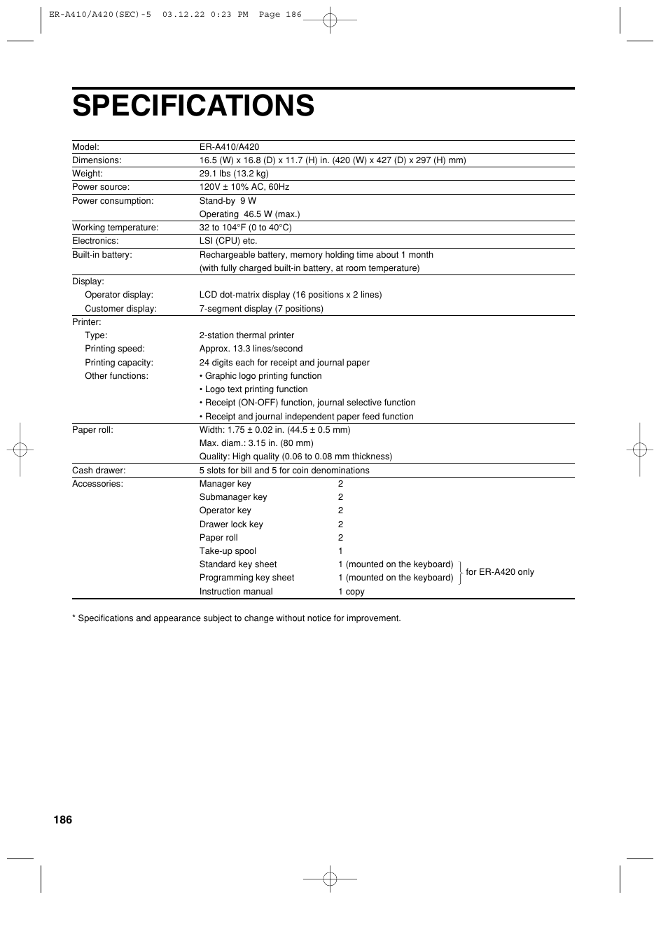 Specifications | Sony ER-A420 User Manual | Page 188 / 190