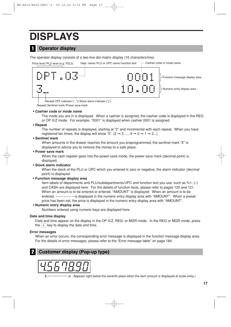 Displays, Customer display (pop-up type), Operator display | Sony ER-A420 User Manual | Page 19 / 190