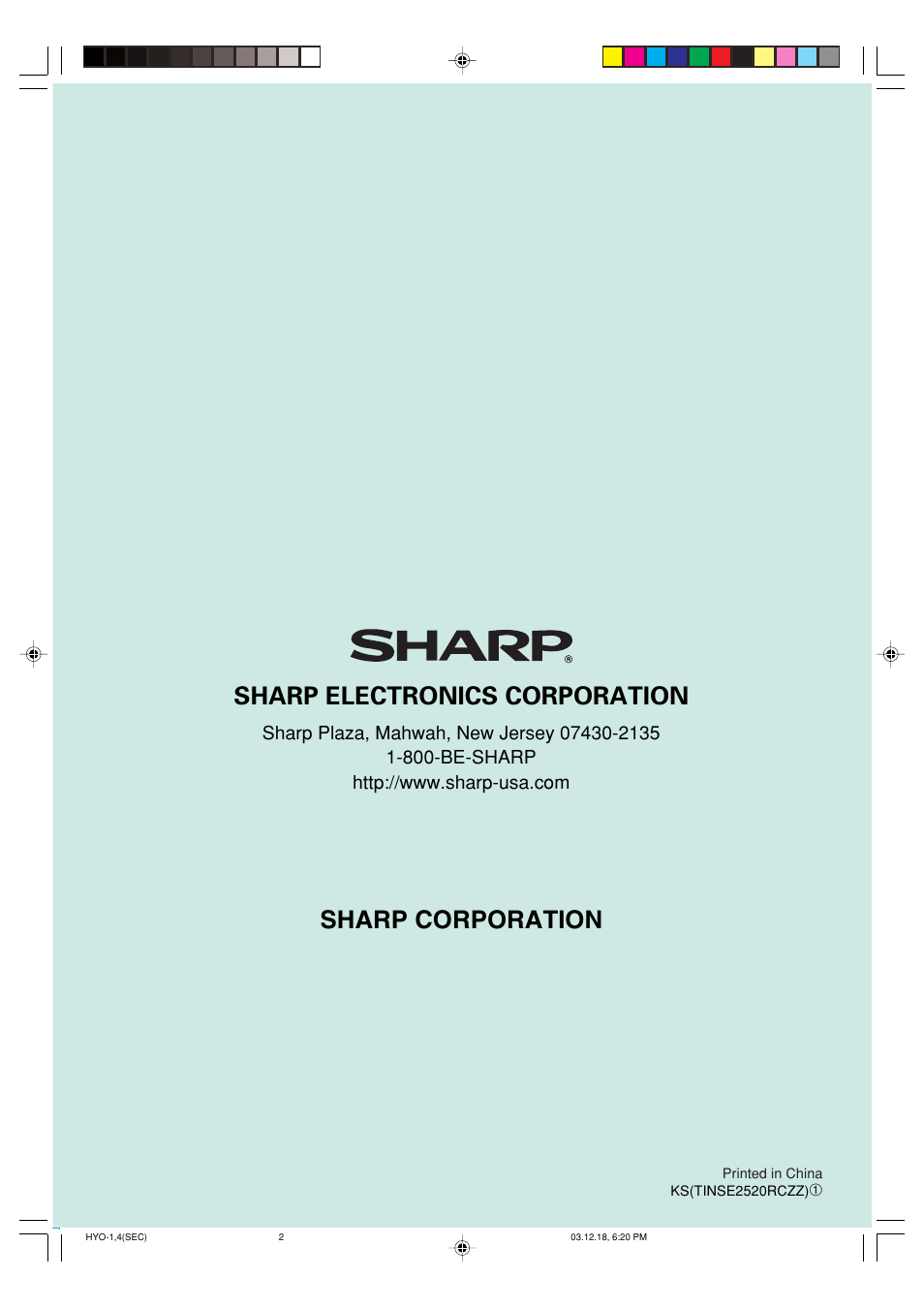 Sharp electronics corporation, Sharp corporation | Sony ER-A420 User Manual | Page 190 / 190