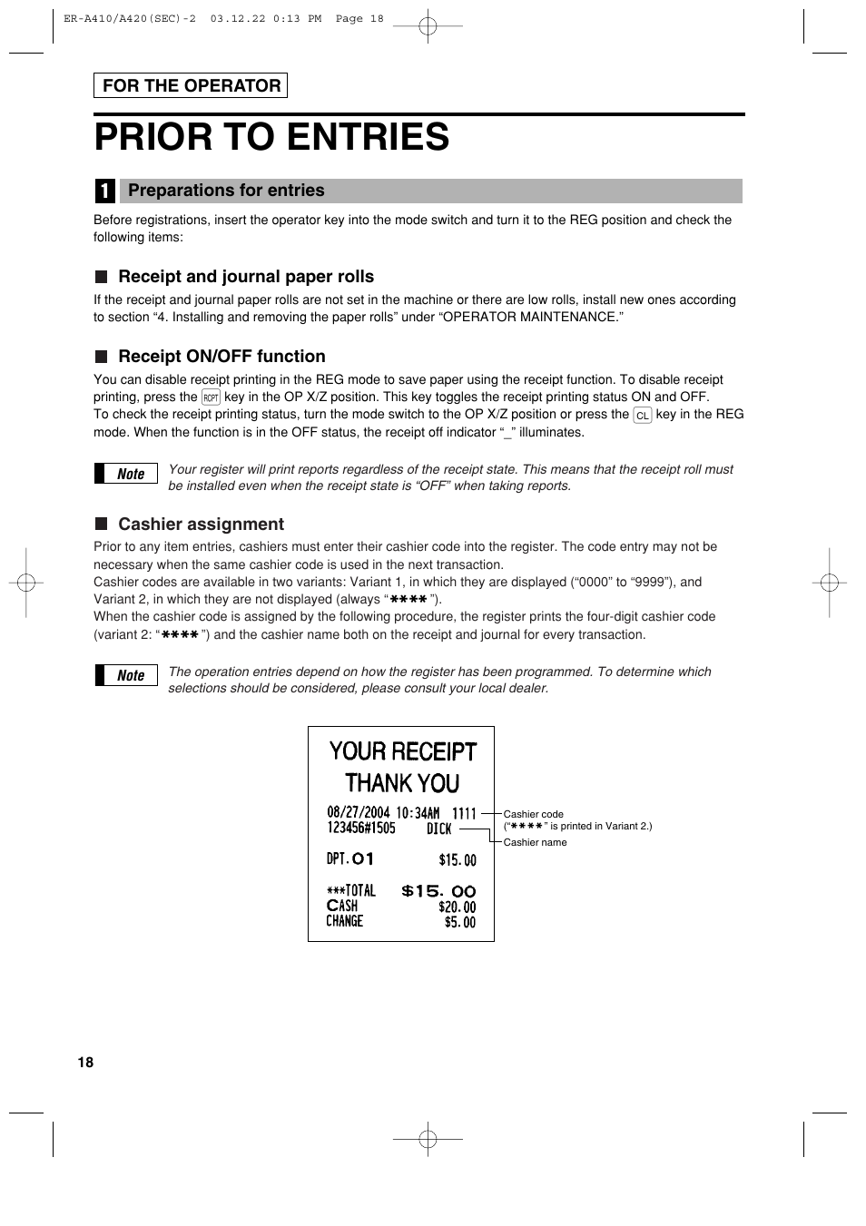 Prior to entries | Sony ER-A420 User Manual | Page 20 / 190