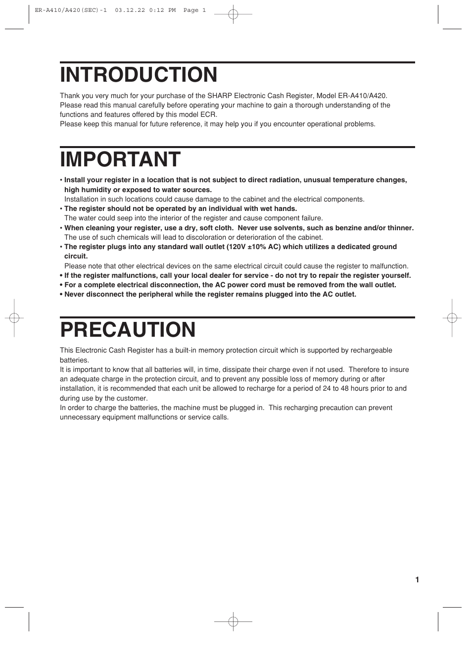 Introduction, Important, Precaution | Sony ER-A420 User Manual | Page 3 / 190