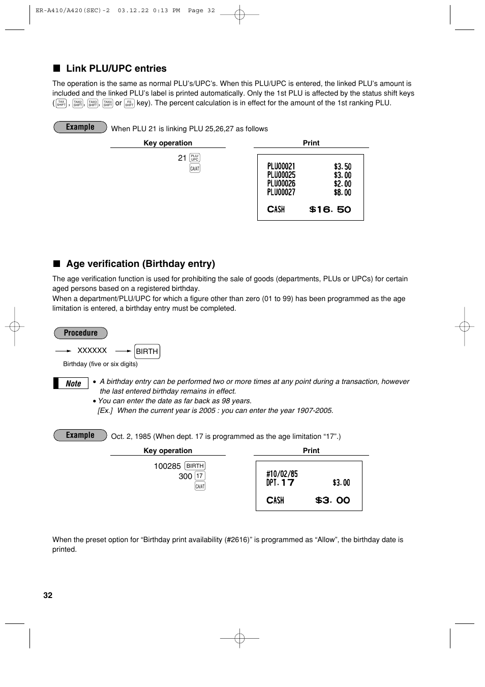 Link plu/upc entries, Age verification (birthday entry) | Sony ER-A420 User Manual | Page 34 / 190