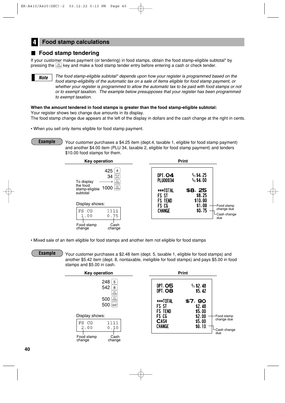 Food stamp tendering, Food stamp calculations | Sony ER-A420 User Manual | Page 42 / 190