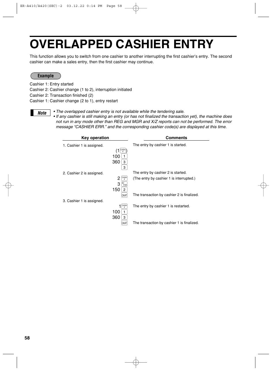 Overlapped cashier entry | Sony ER-A420 User Manual | Page 60 / 190