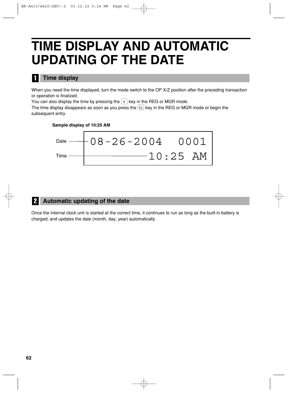 Time display and automatic updating of the date | Sony ER-A420 User Manual | Page 64 / 190