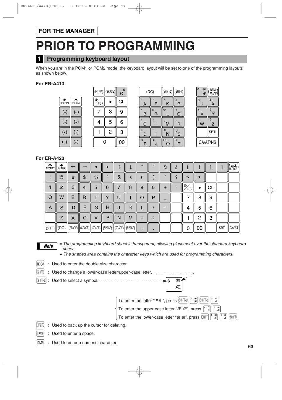 Prior to programming, Programming keyboard layout, For the manager | Sony ER-A420 User Manual | Page 65 / 190