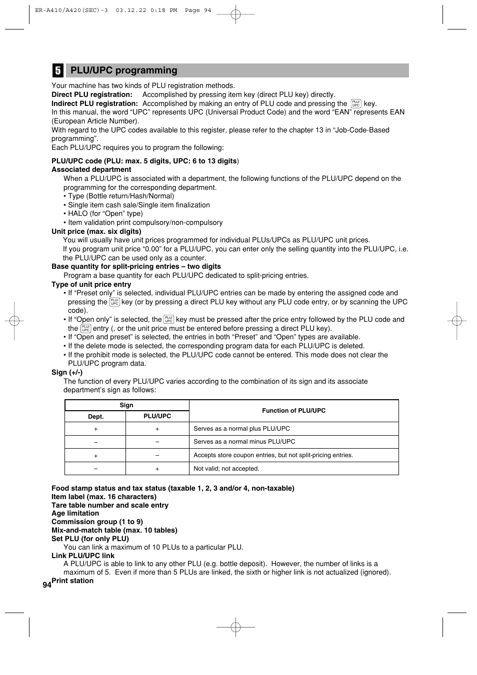 Plu/upc programming | Sony ER-A420 User Manual | Page 96 / 190