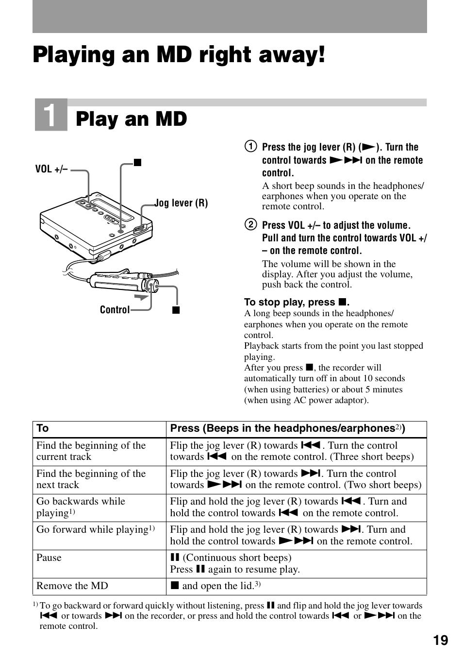 Playing an md right away, Play an md | Sony MZ-R900 User Manual | Page 19 / 72