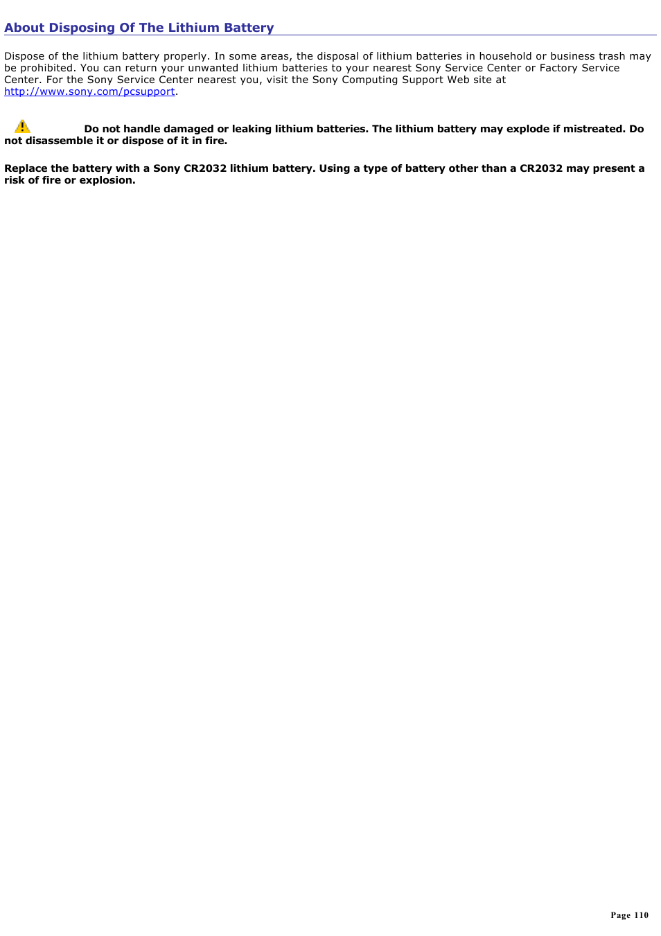 About disposing of the lithium battery | Sony PCV-RX450 User Manual | Page 110 / 119