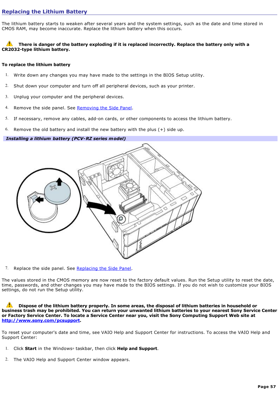 Replacing the lithium battery | Sony PCV-RX450 User Manual | Page 57 / 119