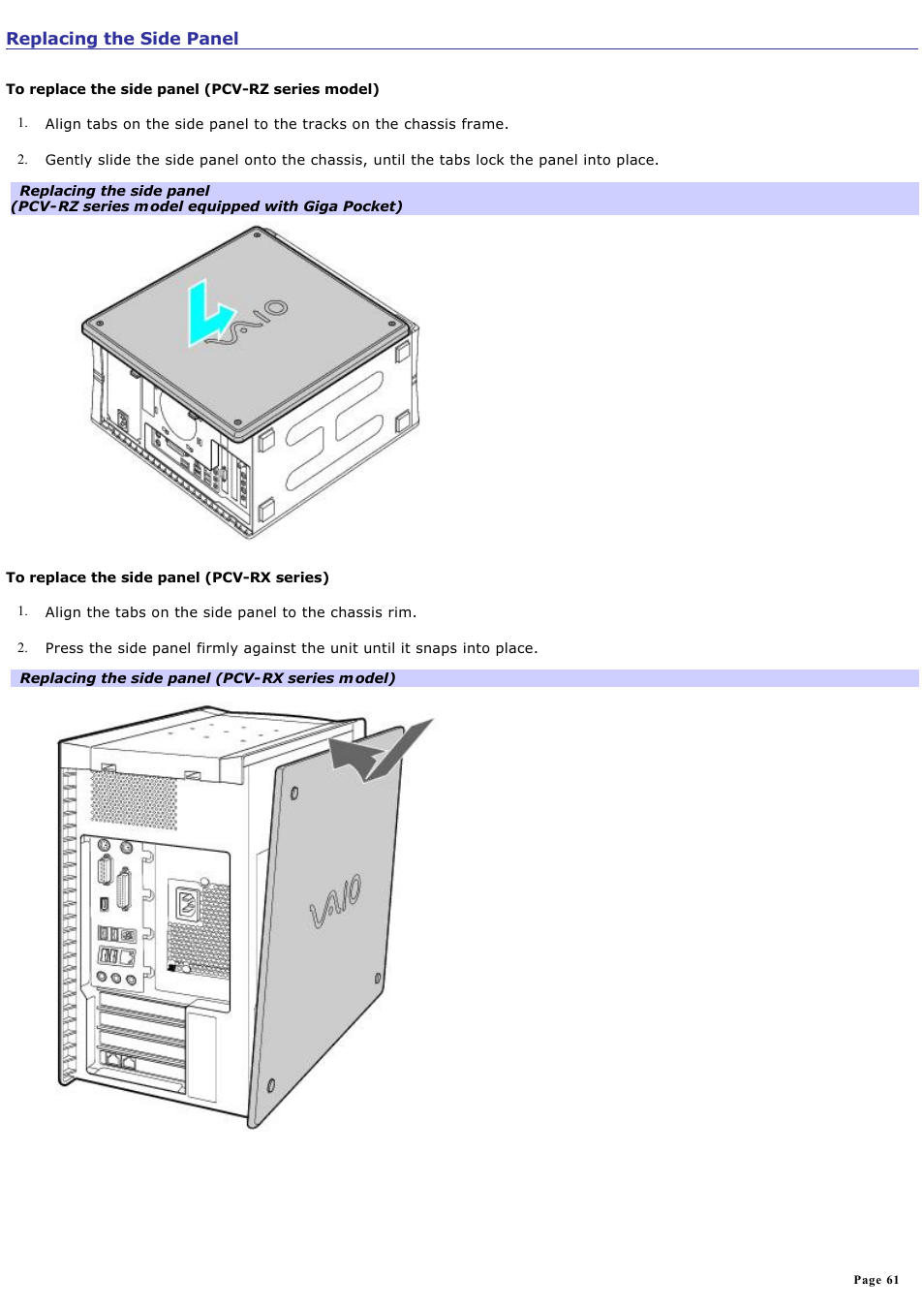 Replacing the side panel | Sony PCV-RX450 User Manual | Page 61 / 119