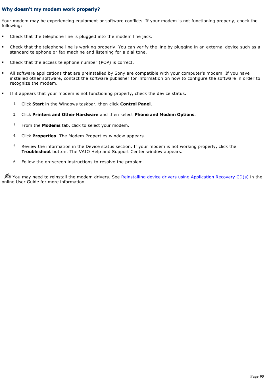 Why doesn't my modem work properly | Sony PCV-RX450 User Manual | Page 95 / 119
