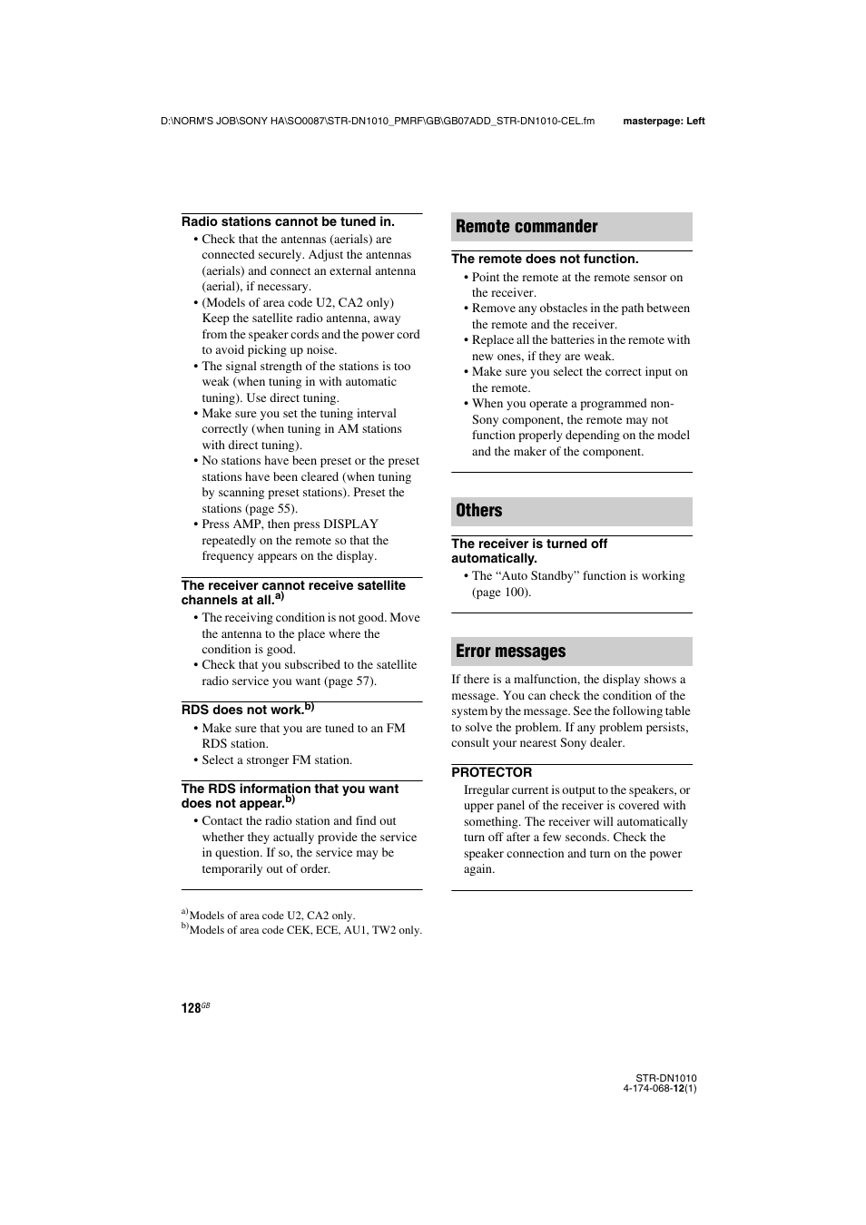 Remote commander others error messages | Sony STR-DN1010 User Manual | Page 128 / 136