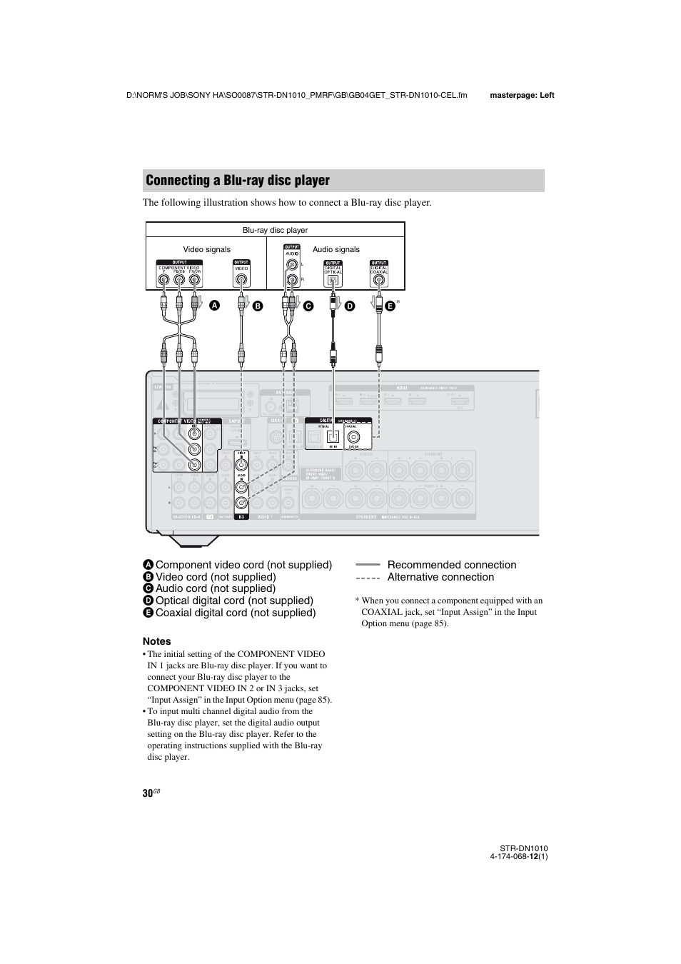 Connecting a blu-ray disc player | Sony STR-DN1010 User Manual | Page 30 / 136
