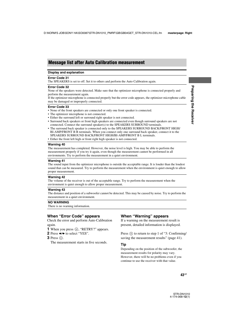 Message list after auto calibration measurement | Sony STR-DN1010 User Manual | Page 43 / 136