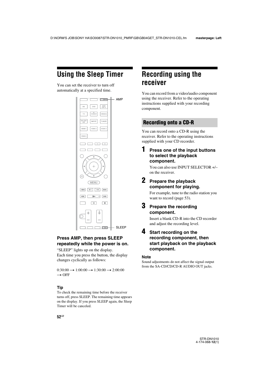 Using the sleep timer, Recording using the receiver, Using the sleep timer recording using the receiver | Recording onto a cd-r | Sony STR-DN1010 User Manual | Page 52 / 136