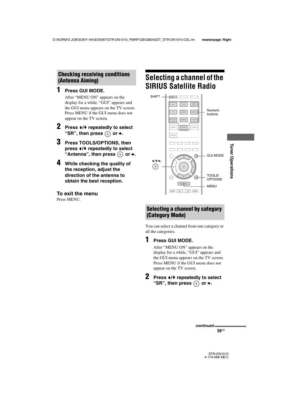 Selecting a channel of the sirius satellite radio, Selecting a channel of the sirius satellite, Radio | Age 59, 11 | Sony STR-DN1010 User Manual | Page 59 / 136