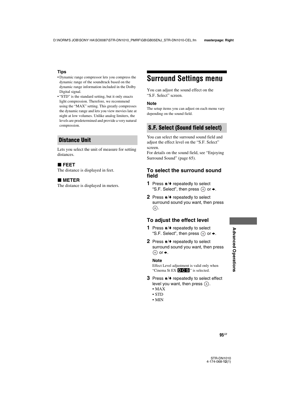Surround settings menu, Distance unit s.f. select (sound field select) | Sony STR-DN1010 User Manual | Page 95 / 136