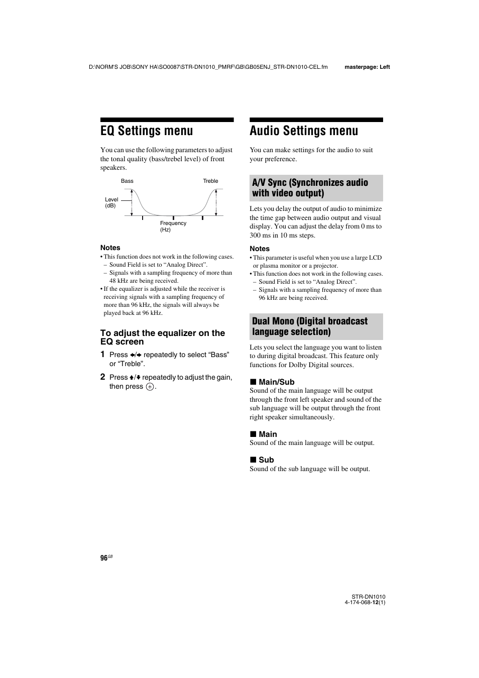 Eq settings menu, Audio settings menu, Eq settings menu audio settings menu | Sony STR-DN1010 User Manual | Page 96 / 136