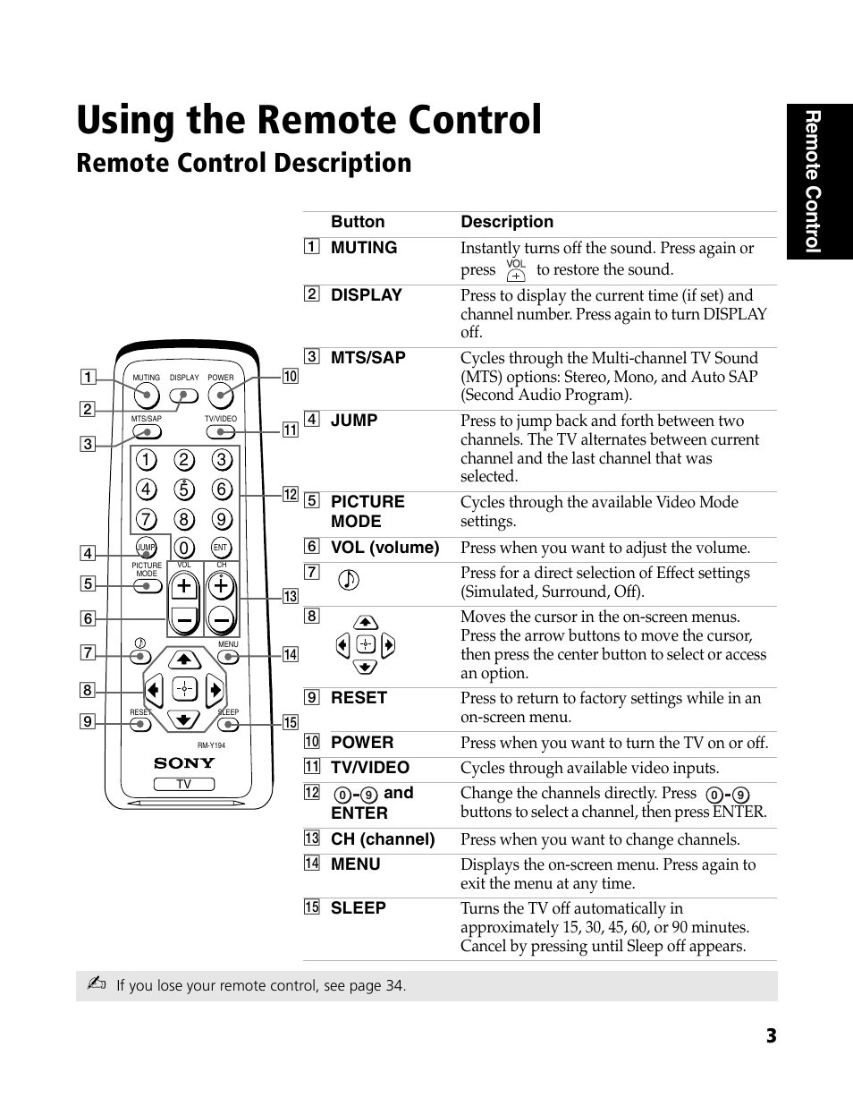 Using the remote control, Remote control description | Sony WEGA KV-20FS120 User Manual | Page 11 / 48