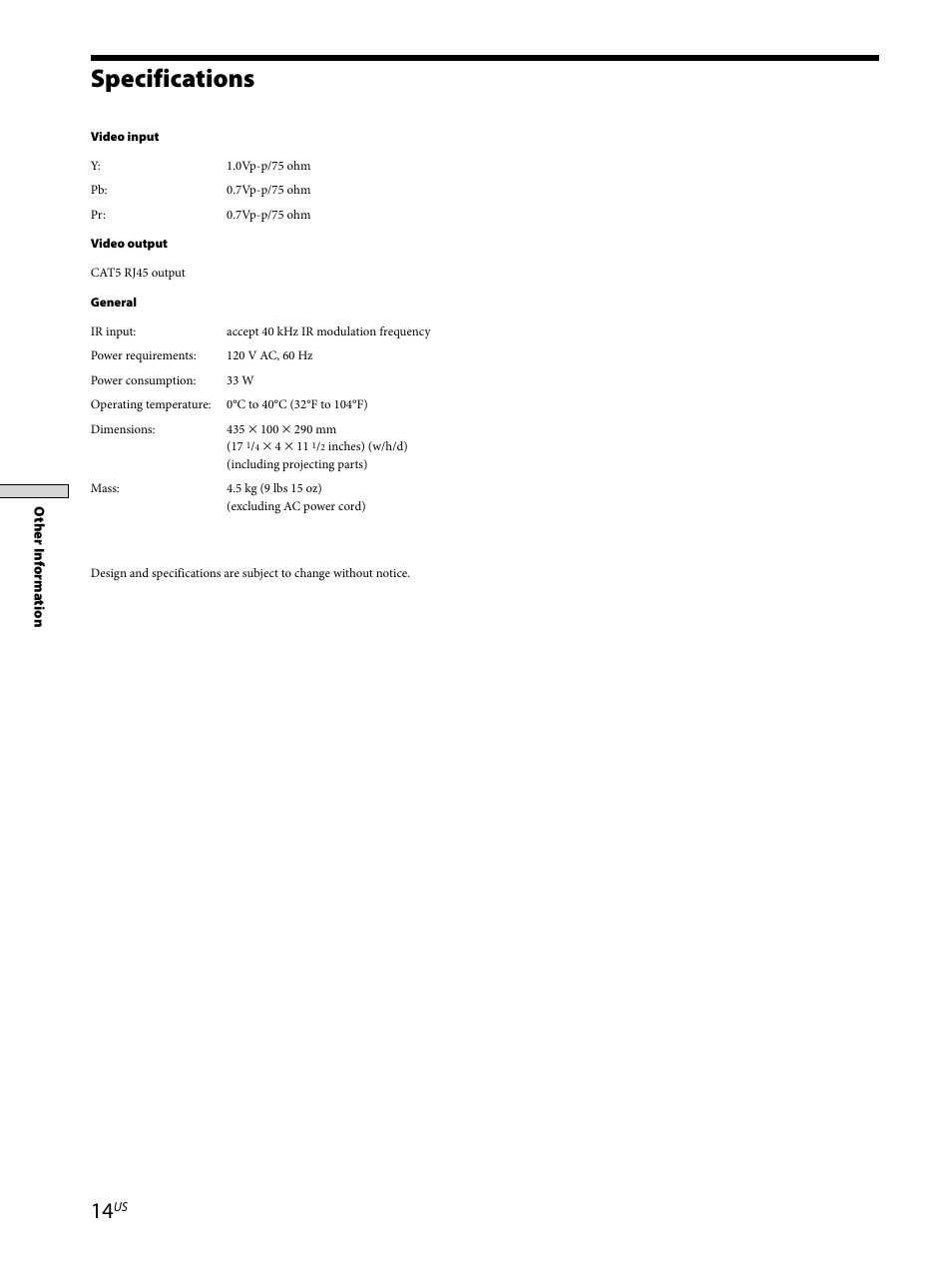 Specifications 14, Specifications | Sony CAV-CVS12ES User Manual | Page 14 / 16