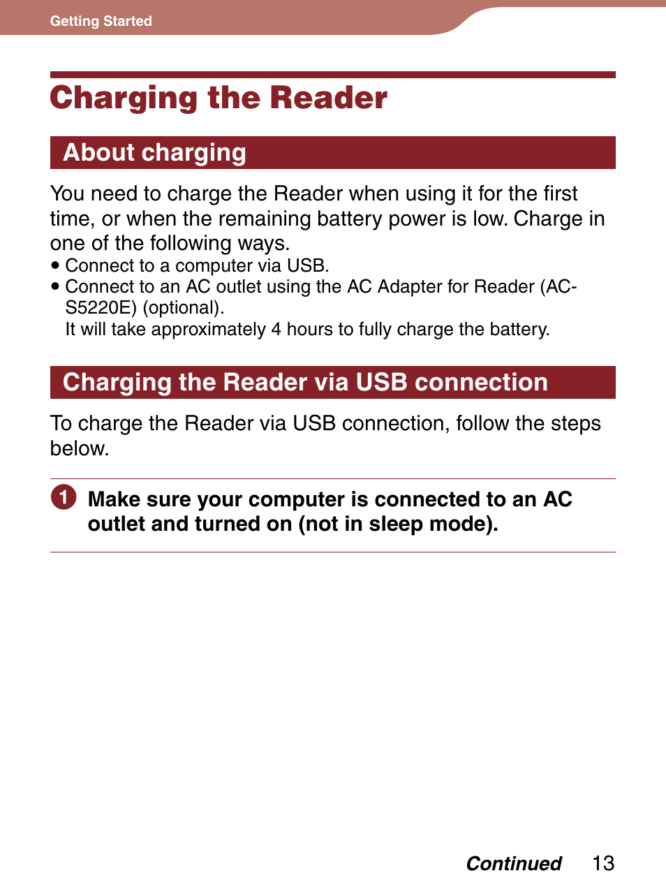 Charging the reader, About charging, Charging the reader via usb connection | Le (supplied) | Sony 4-153-621-13(1) User Manual | Page 13 / 190