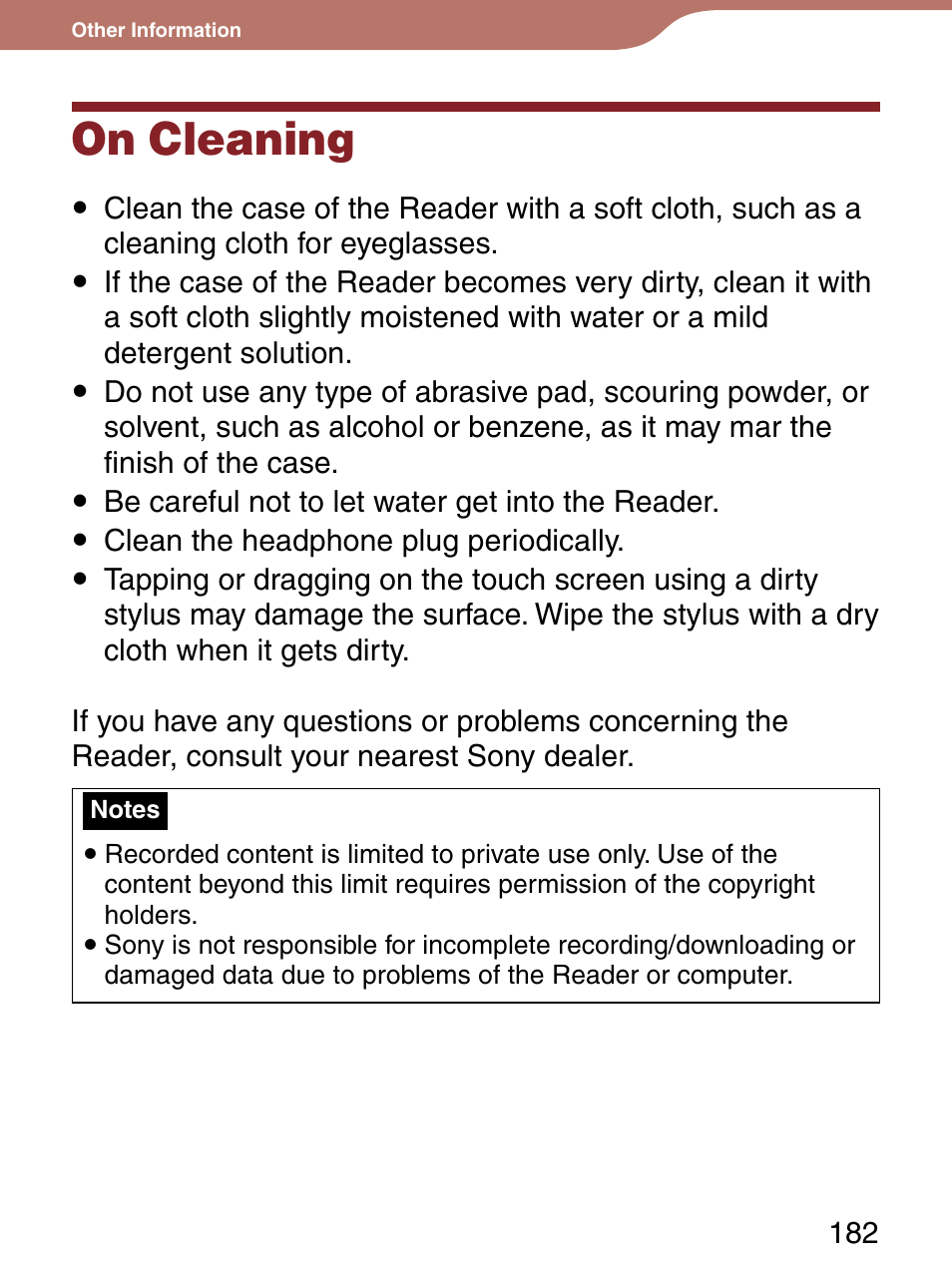 On cleaning | Sony 4-153-621-13(1) User Manual | Page 182 / 190