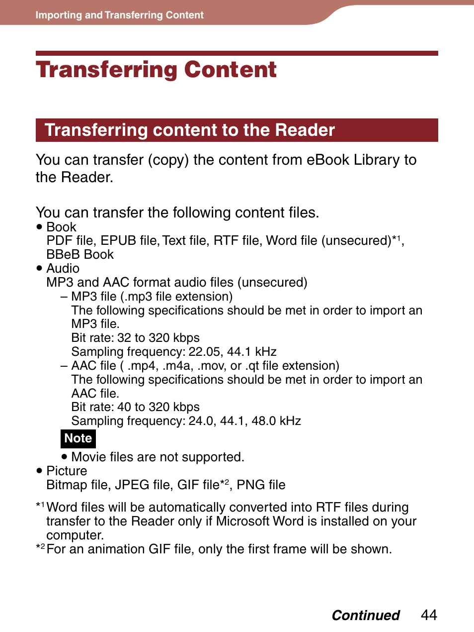 Transferring content, Transferring content to the reader | Sony 4-153-621-13(1) User Manual | Page 44 / 190