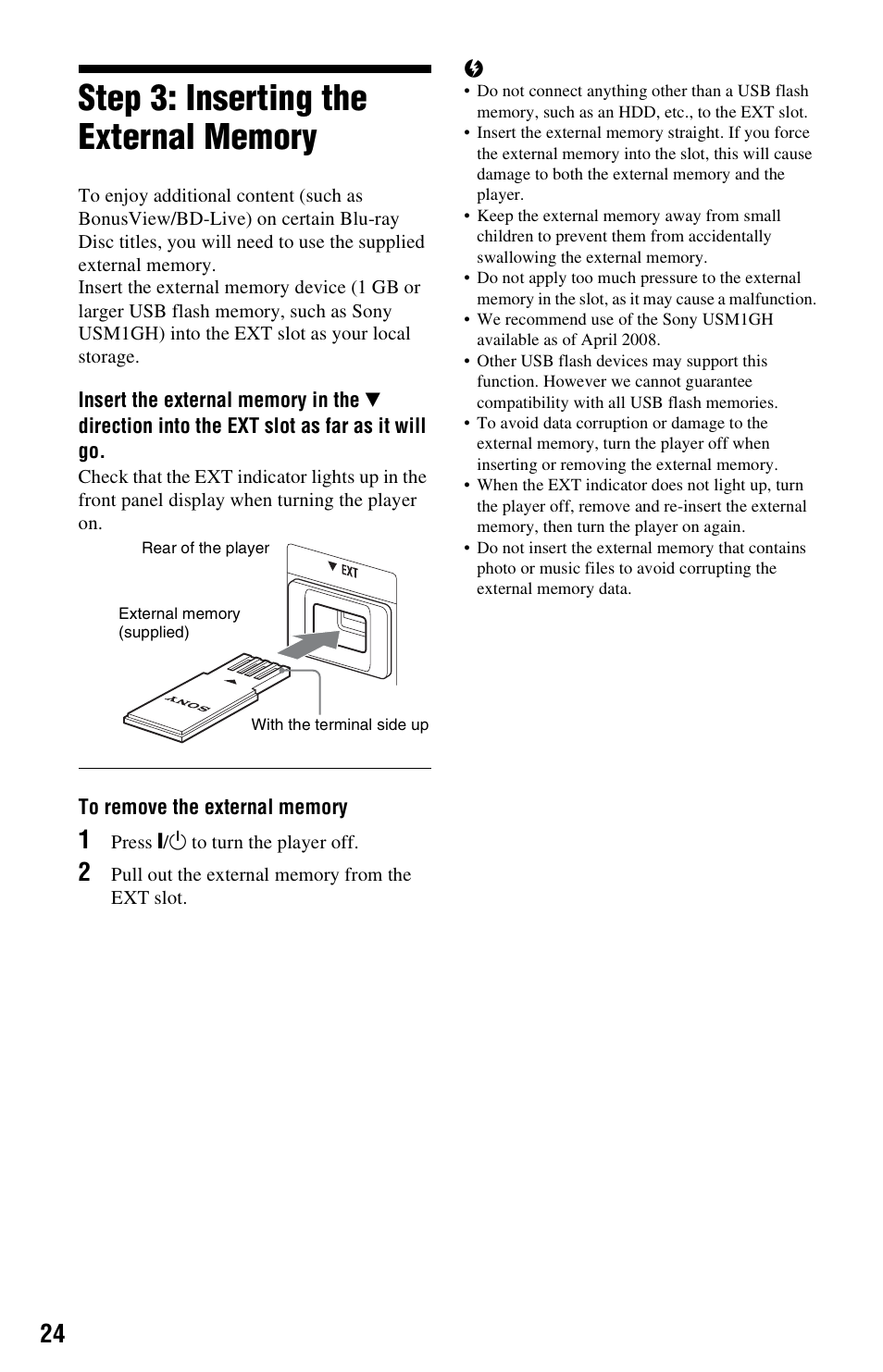 Step 3: inserting the external memory | Sony 3-452-779-11(1) User Manual | Page 24 / 75