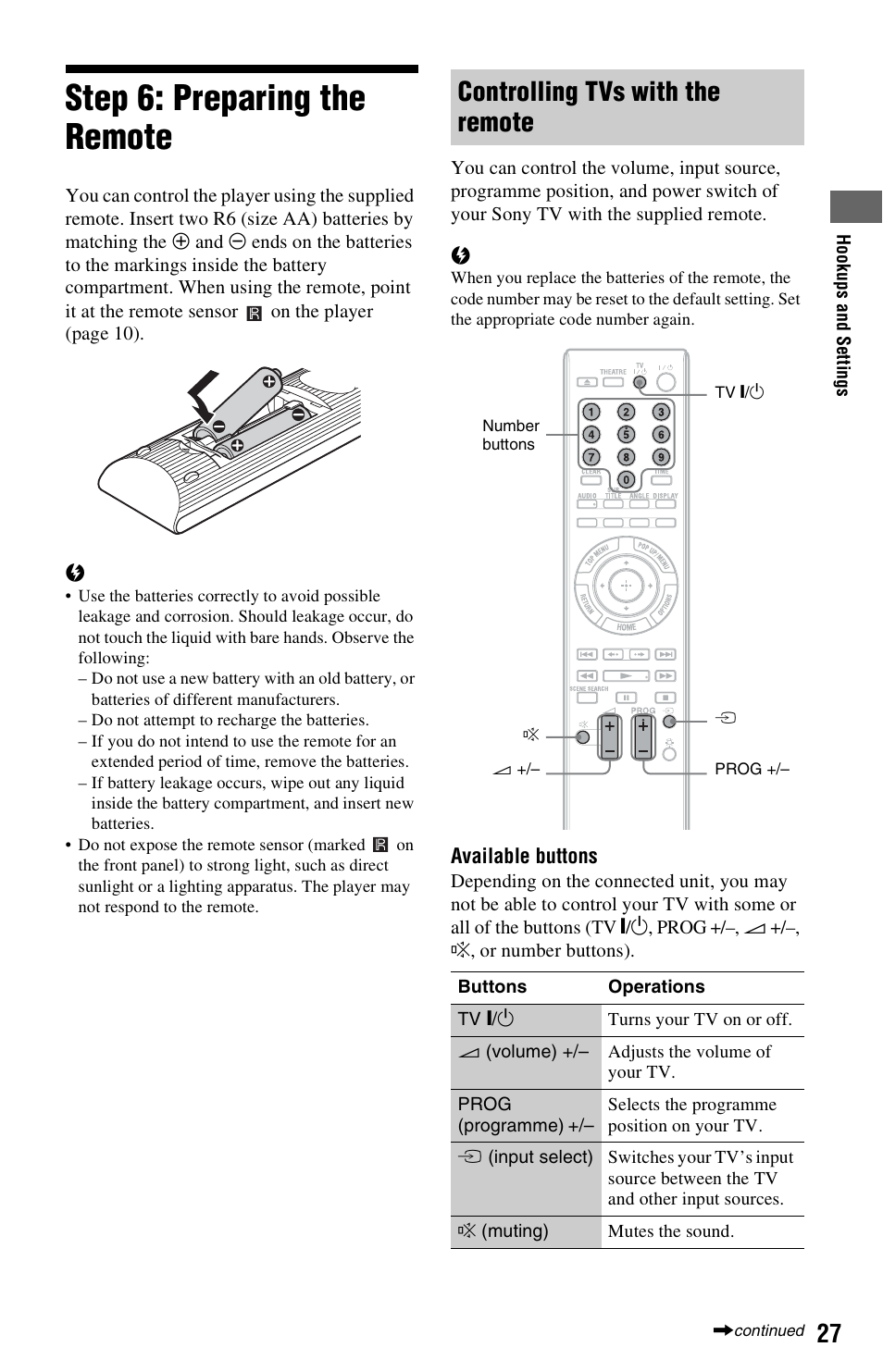 Step 6: preparing the remote, Controlling tvs with the remote | Sony 3-452-779-11(1) User Manual | Page 27 / 75