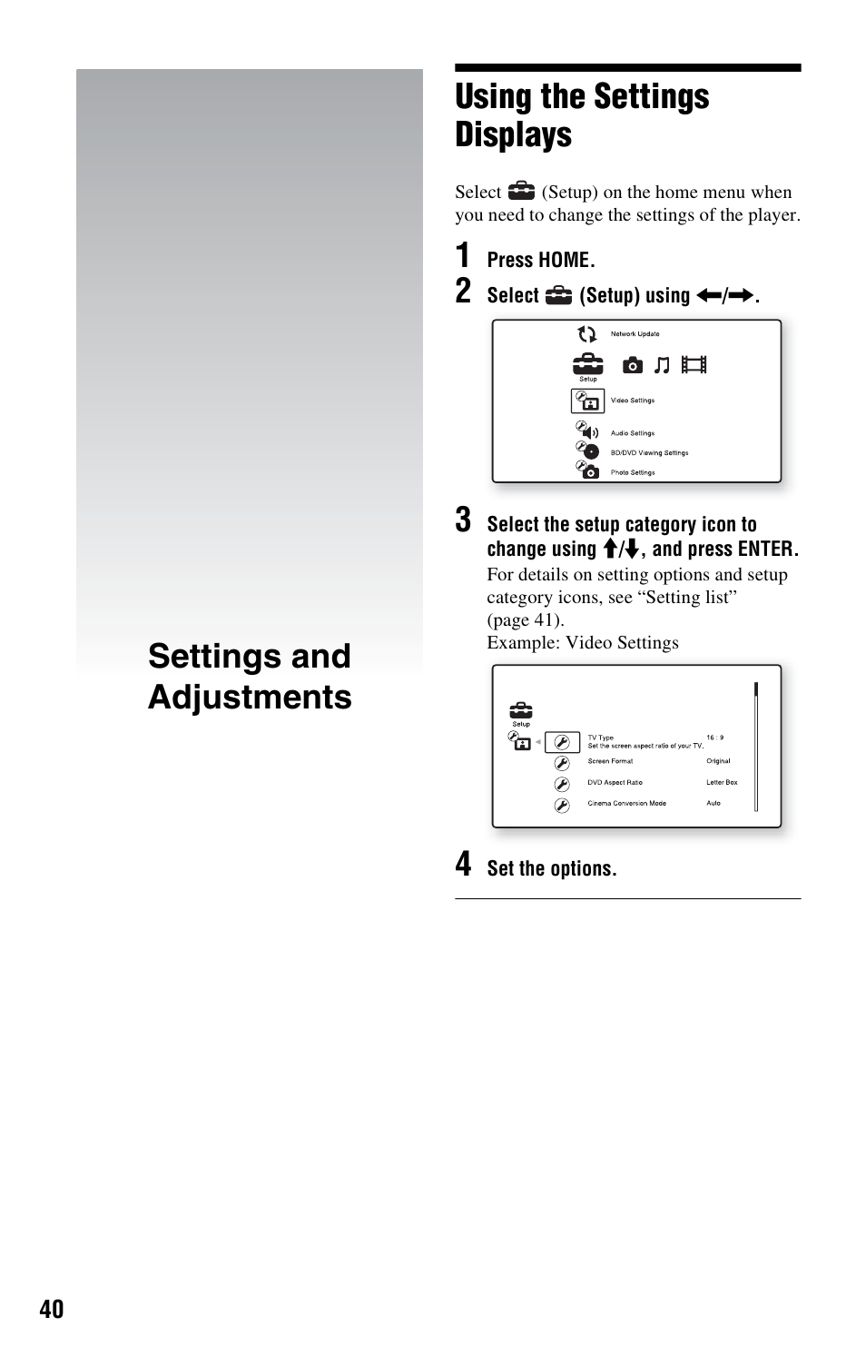 Settings and adjustments, Using the settings displays | Sony 3-452-779-11(1) User Manual | Page 40 / 75