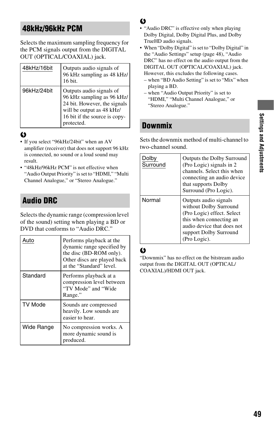 48khz/96khz pcm, Audio drc, Downmix | Sony 3-452-779-11(1) User Manual | Page 49 / 75