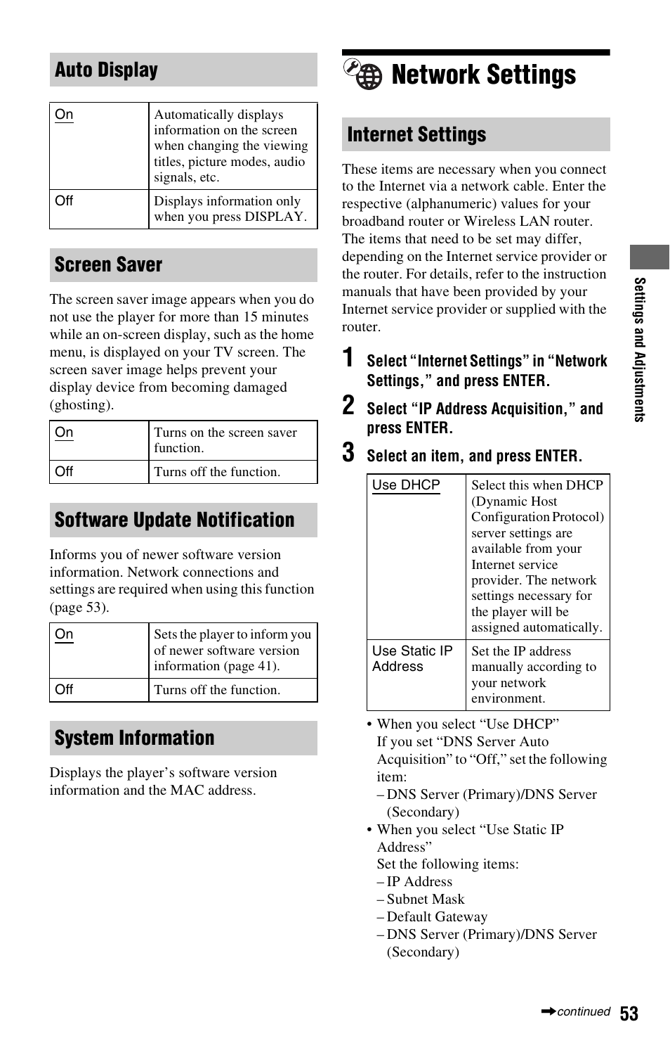 Network settings, Auto display, Screen saver | Software update notification, System information internet settings | Sony 3-452-779-11(1) User Manual | Page 53 / 75
