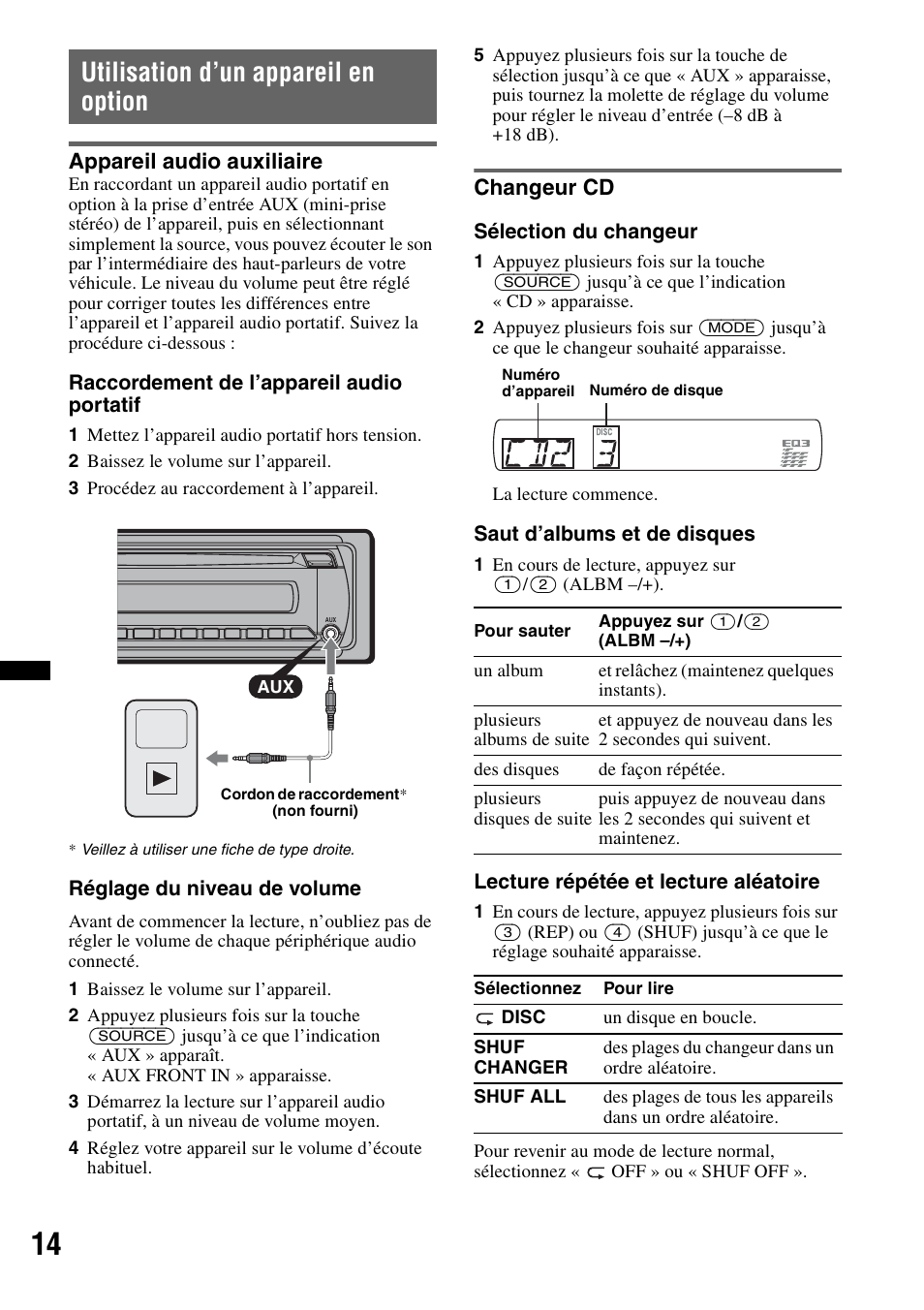 Utilisation d’un appareil en option, Appareil audio auxiliaire, Changeur cd | Appareil audio auxiliaire changeur cd | Sony CDX GT430IP User Manual | Page 32 / 60