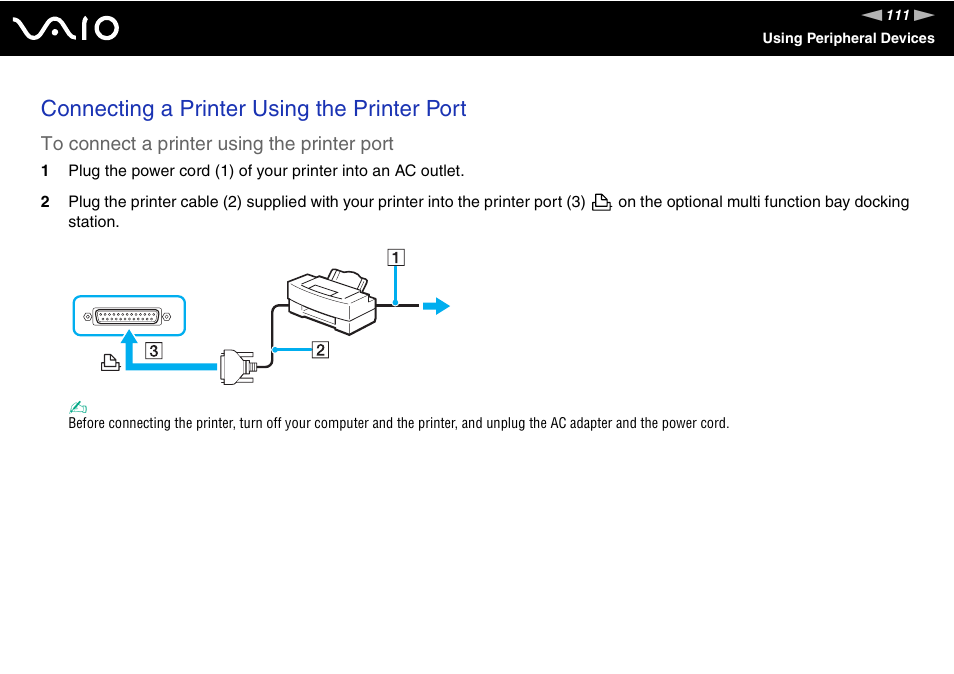 Connecting a printer using the printer port | Sony VGN-BX600 User Manual | Page 111 / 236