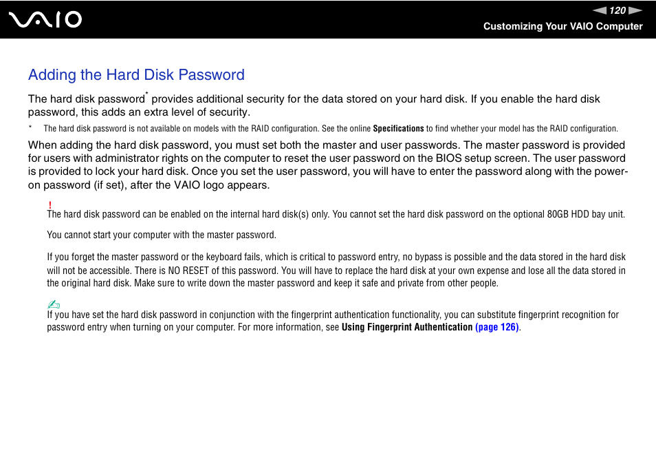 Adding the hard disk password | Sony VGN-BX600 User Manual | Page 120 / 236
