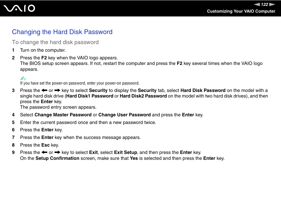 Changing the hard disk password | Sony VGN-BX600 User Manual | Page 122 / 236