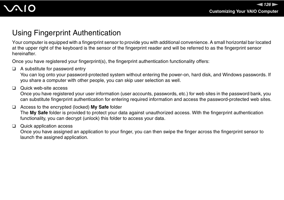 Using fingerprint authentication, Tion | Sony VGN-BX600 User Manual | Page 126 / 236