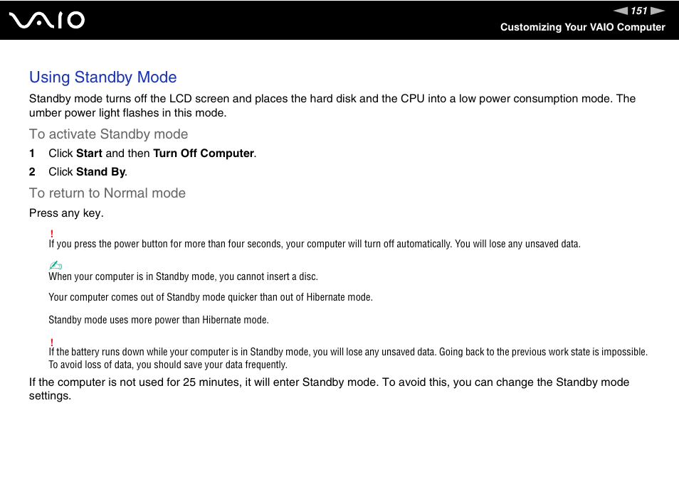 Using standby mode | Sony VGN-BX600 User Manual | Page 151 / 236