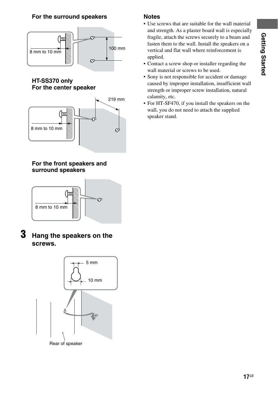 Hang the speakers on the screws | Sony HTSS370 User Manual | Page 17 / 76
