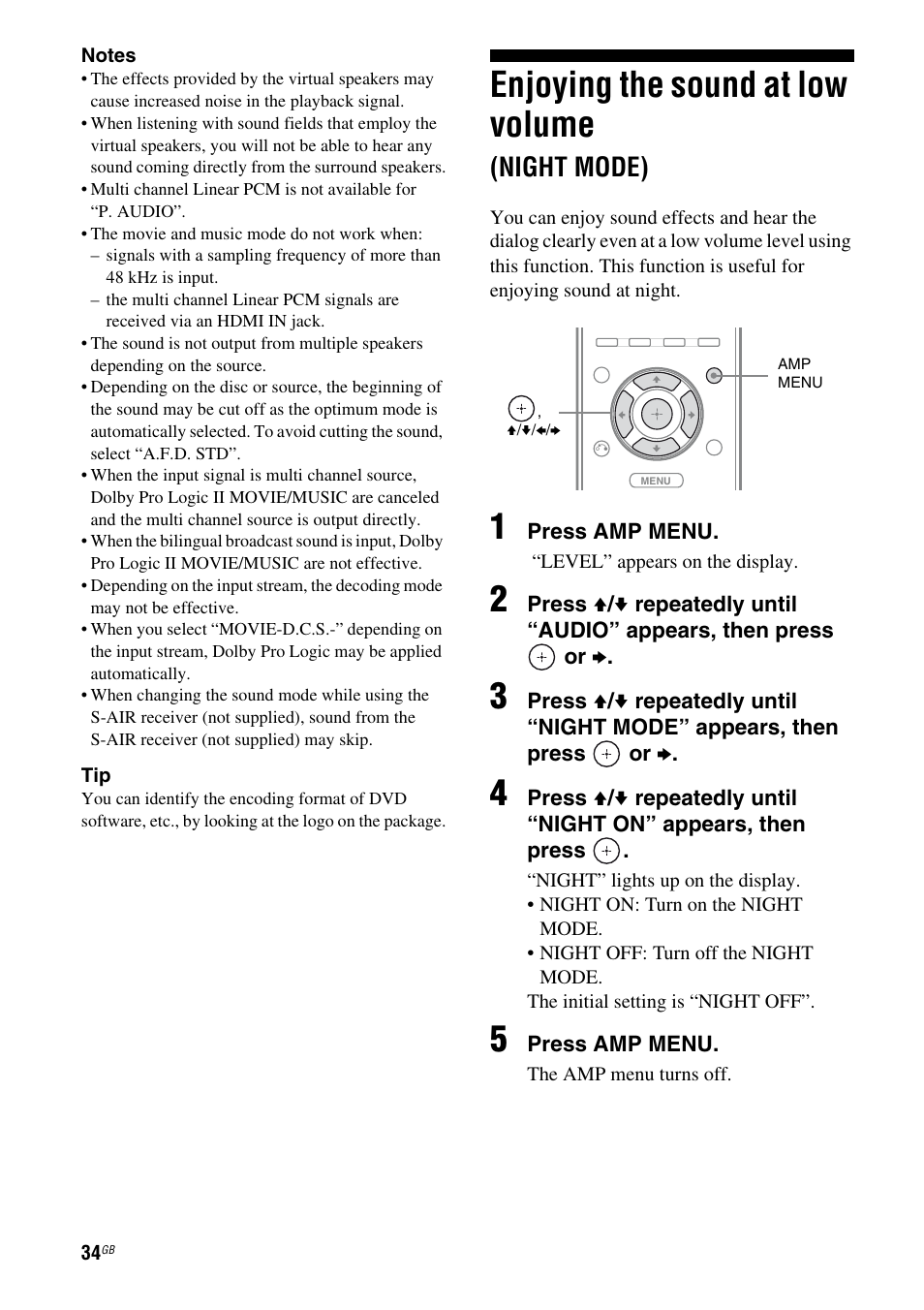 Enjoying the sound at low volume (night mode), Enjoying the sound at low volume, Night mode) | Sony HTSS370 User Manual | Page 34 / 76